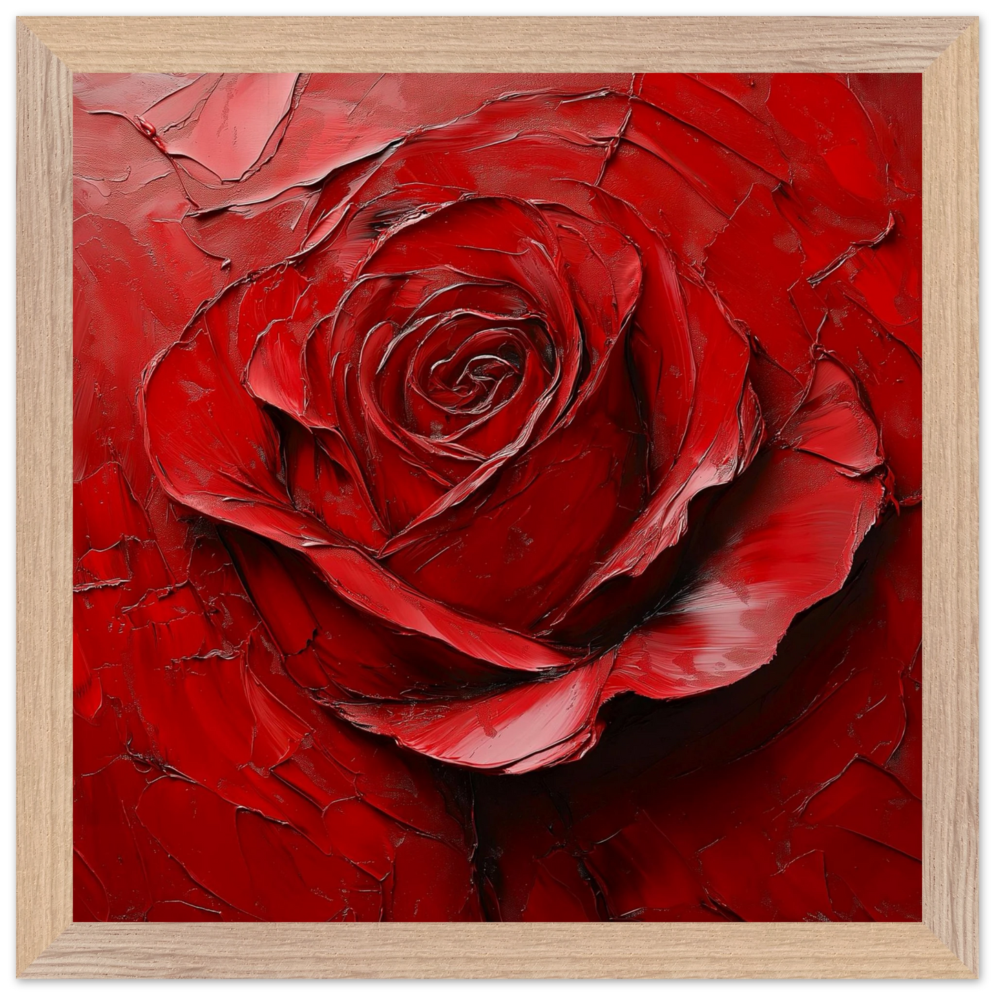 Framed artwork of a red rose with a textured surface.