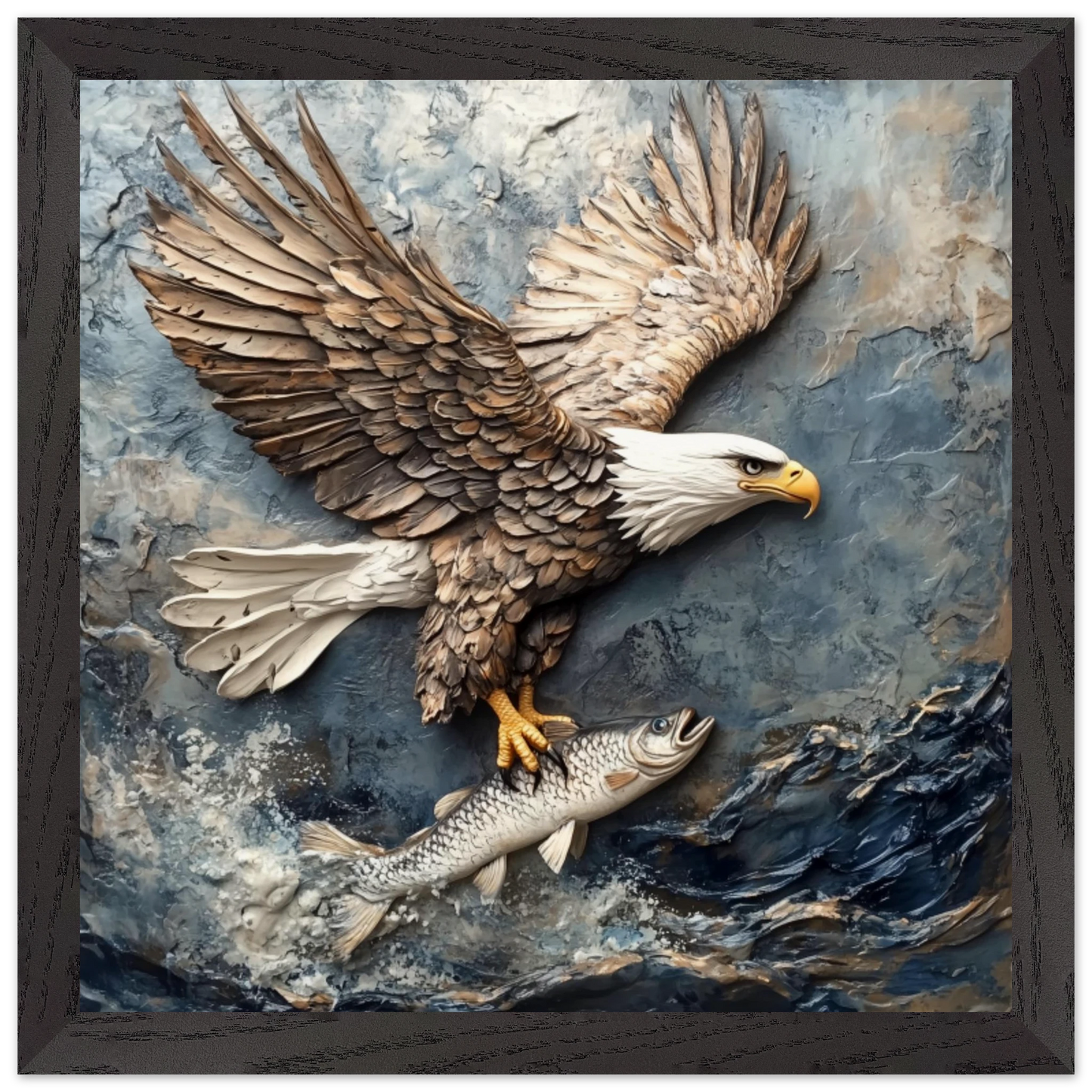 3D wall art of an eagle with a fish on a textured stone background