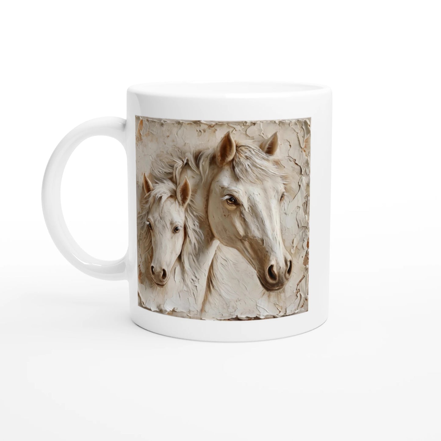 White mug with a design of two horses on a white background