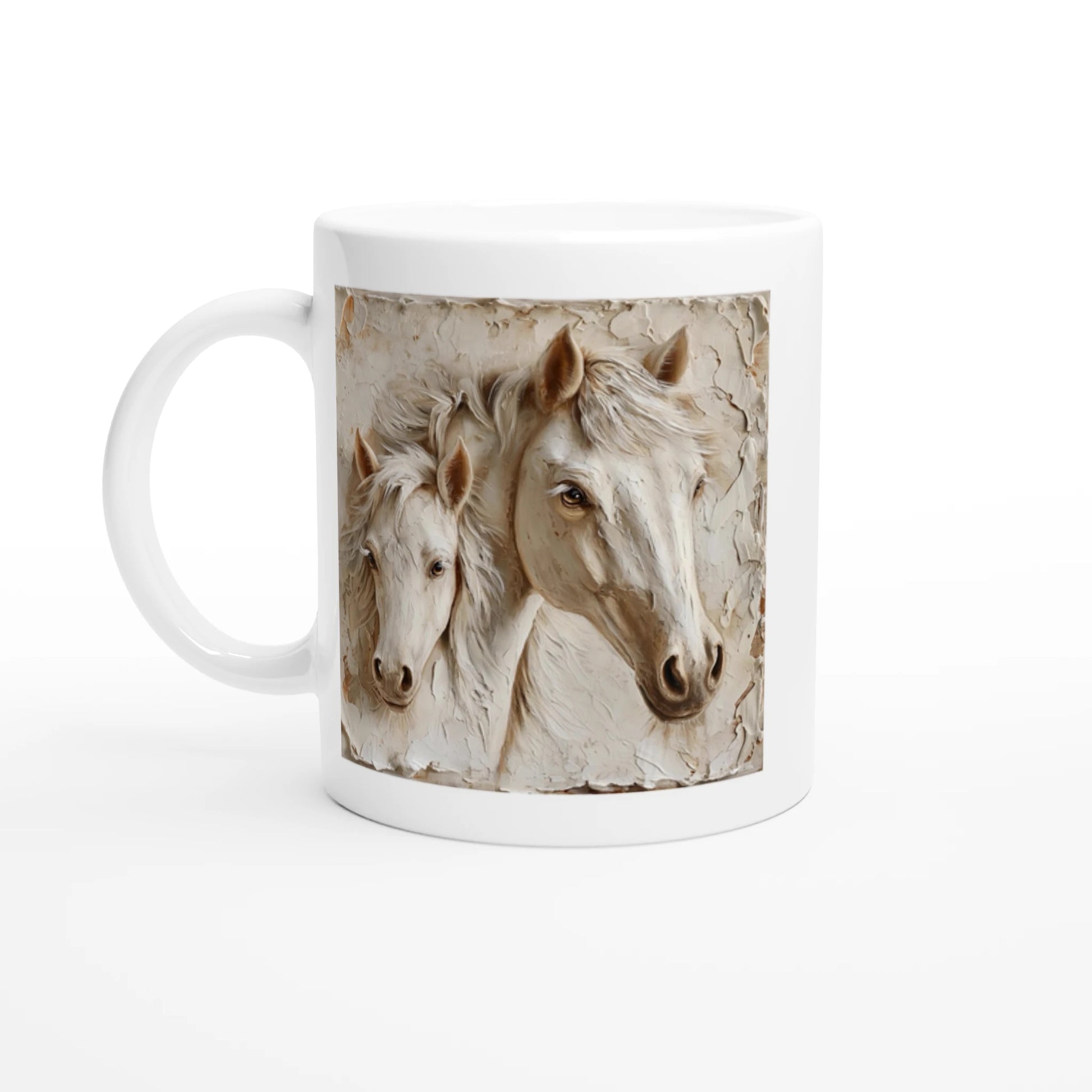 White mug with a design of two horses on a white background