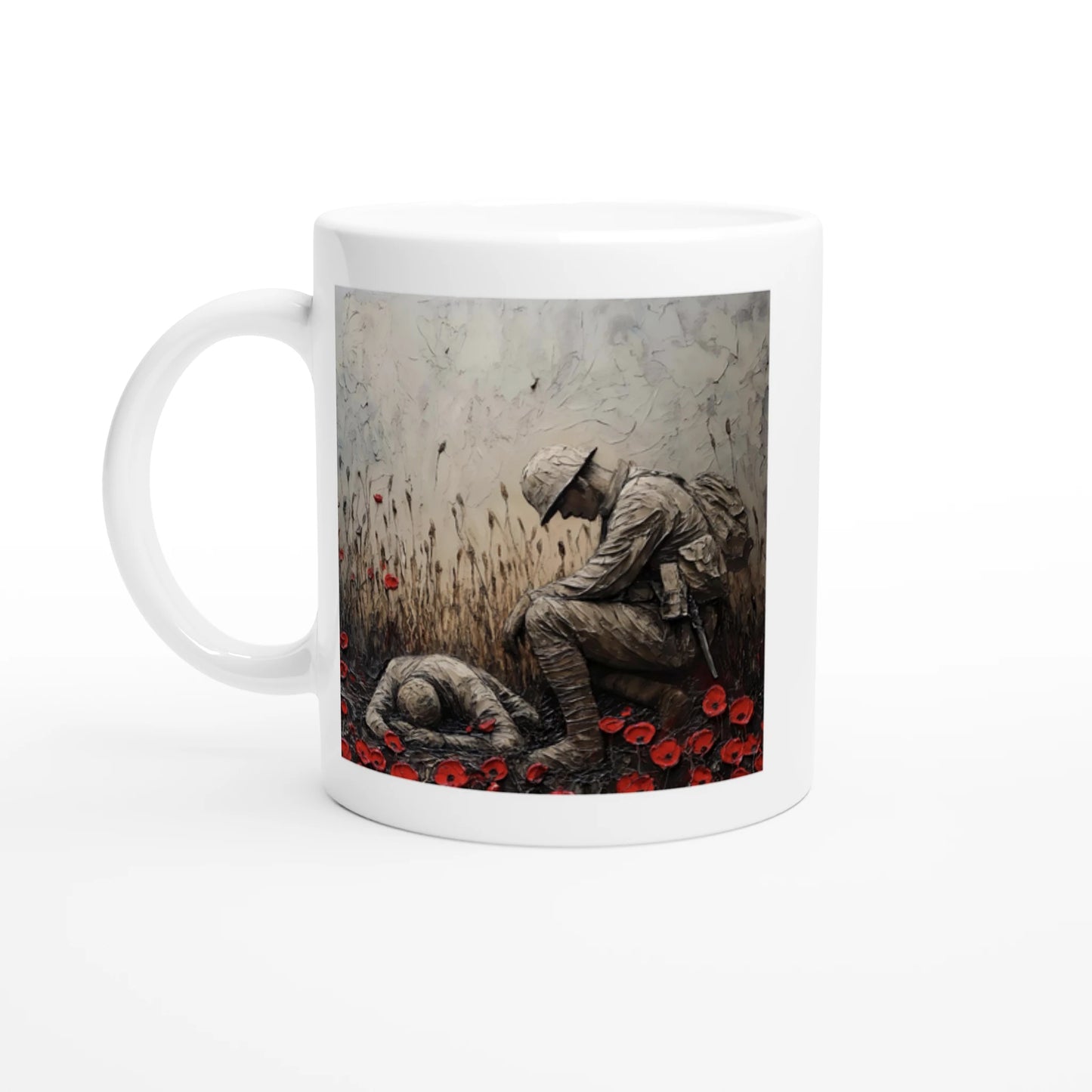 Mug with a design of two soldiers in a field of poppies on a white background