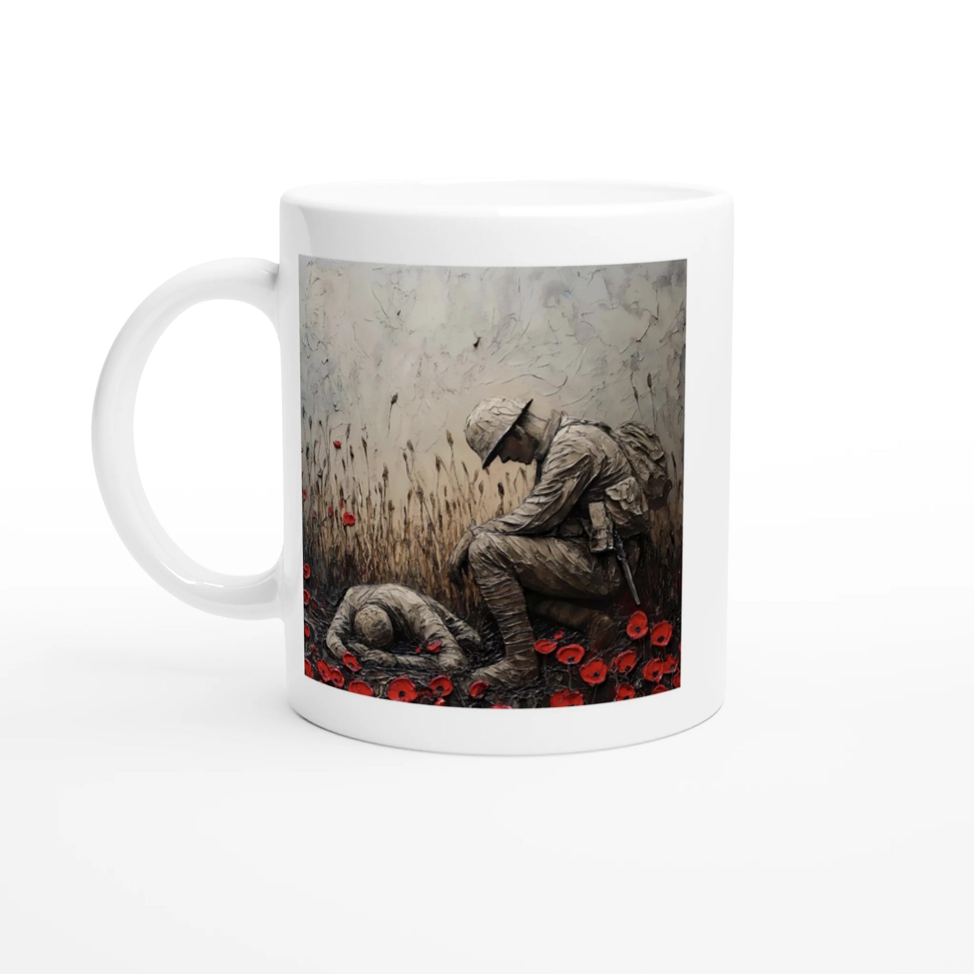 Mug with a design of two soldiers in a field of poppies on a white background