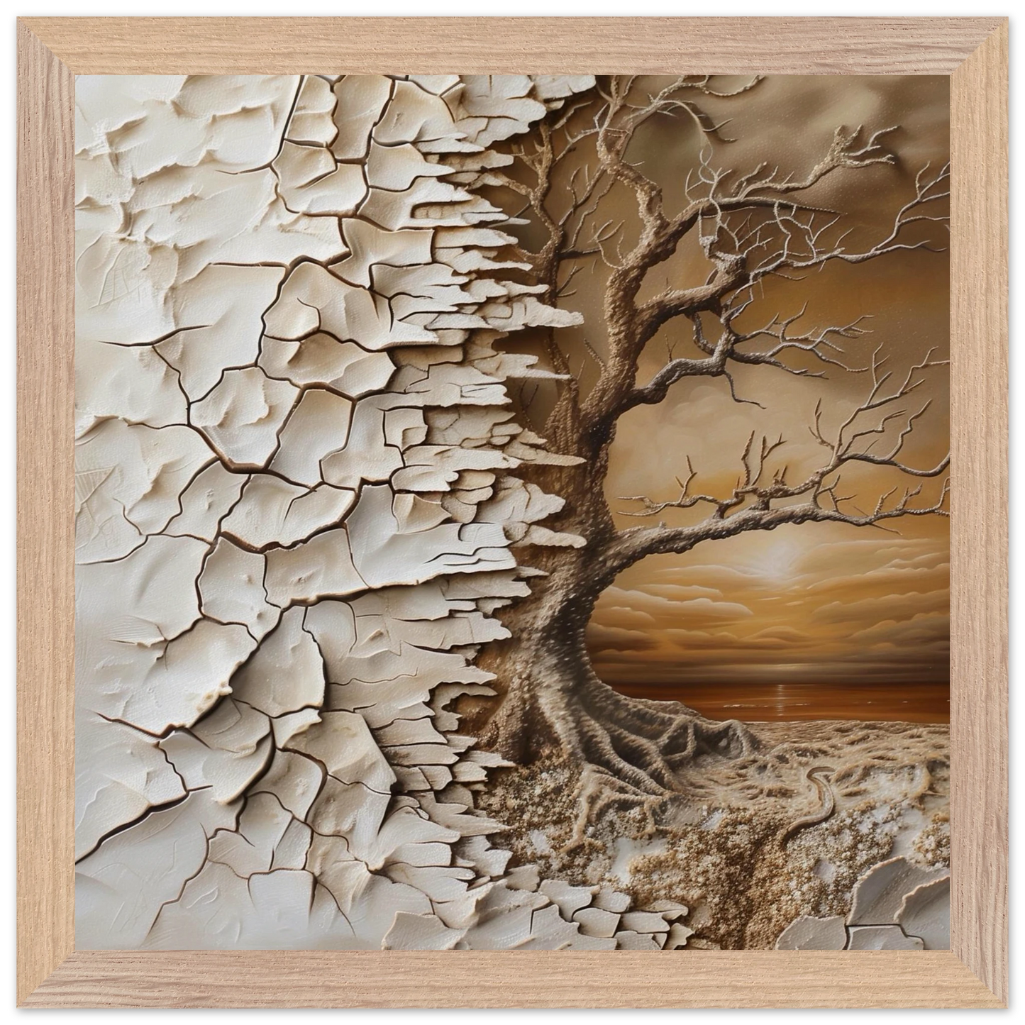 Artistic depiction of a tree against a textured wall with a wooden frame.