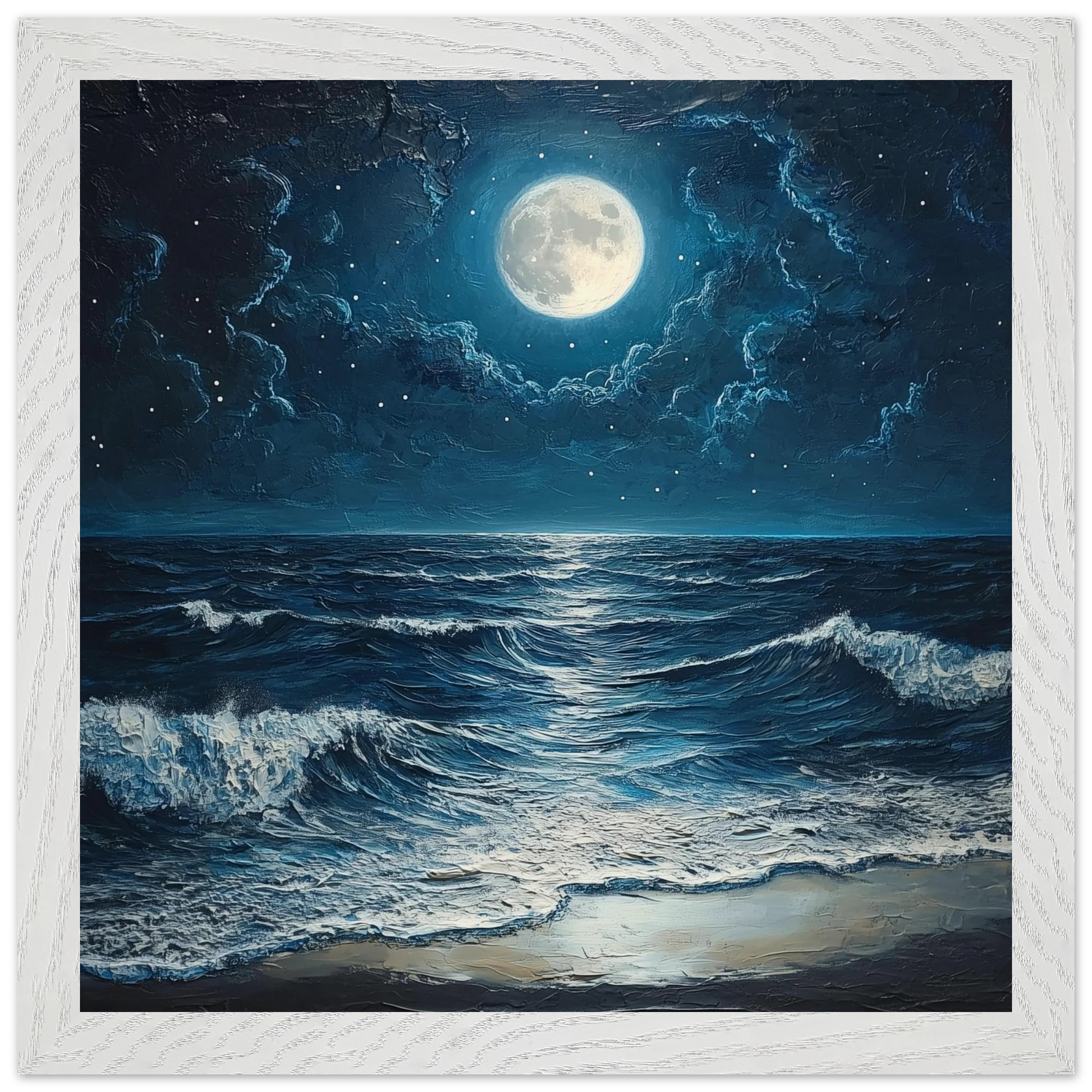 Painting of a moonlit night over the ocean with waves crashing onto the shore.