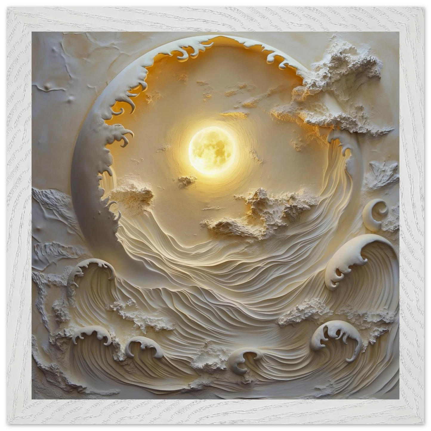 Artistic depiction of a sun or light source surrounded by swirling clouds and waves.