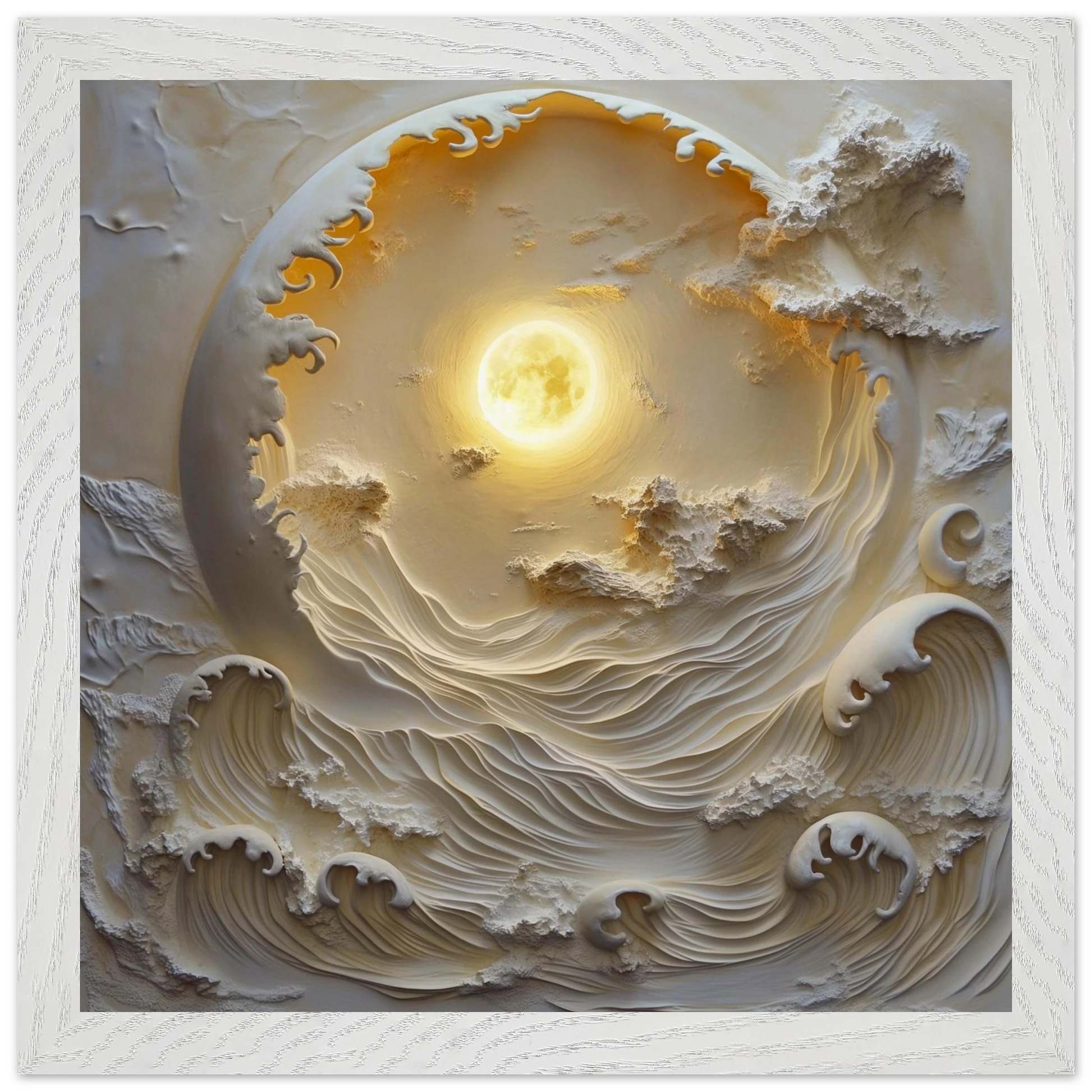 Artistic depiction of a sun or light source surrounded by swirling clouds and waves.