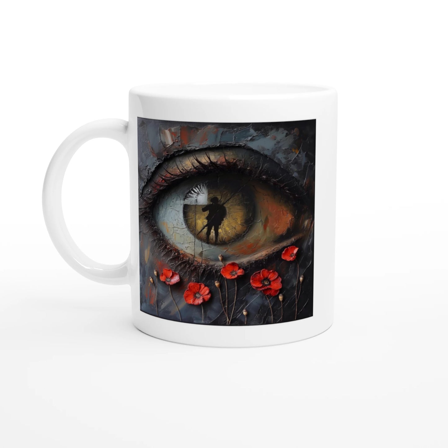 White mug with a design of an eye and red flowers on a white background