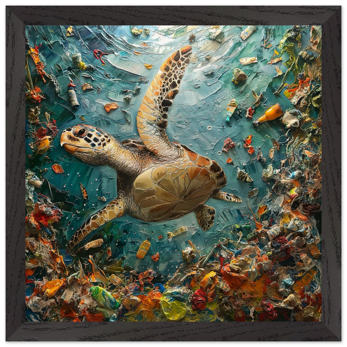 Artistic depiction of a turtle surrounded by plastic pollution in the ocean.
