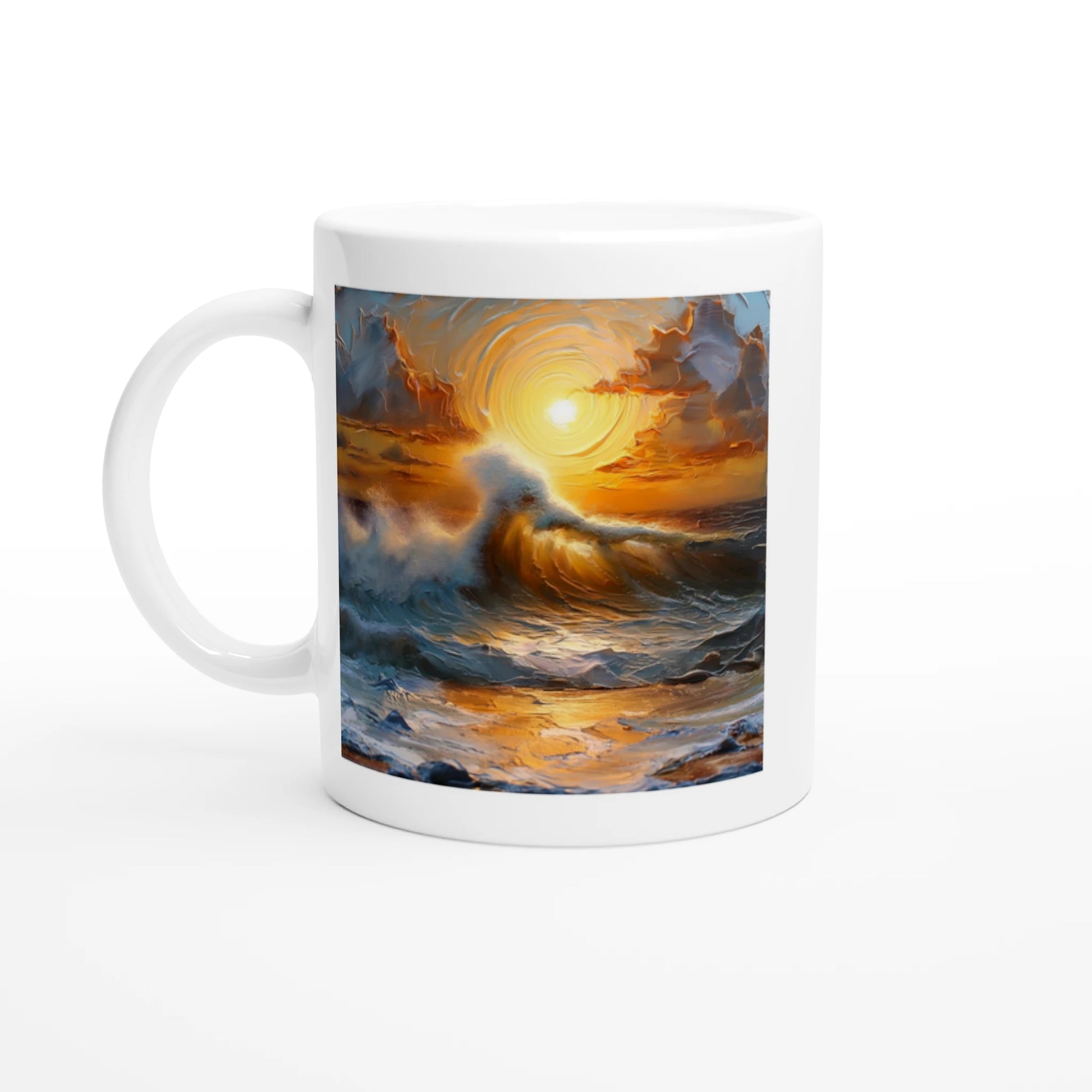 Mug with a scenic design of a sunset over water and mountains on a white background