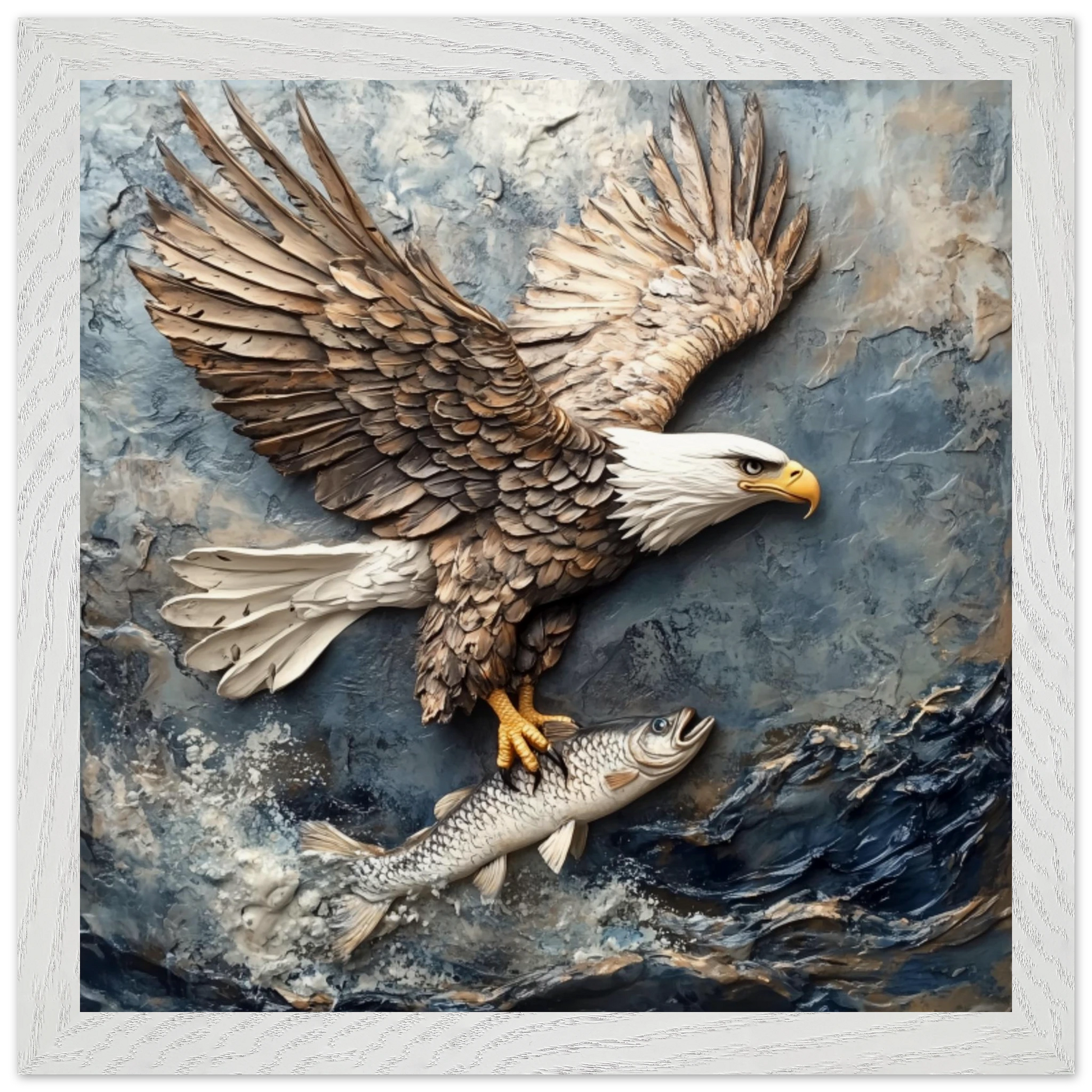 3D wall art of an eagle with outstretched wings holding a fish against a textured stone background.