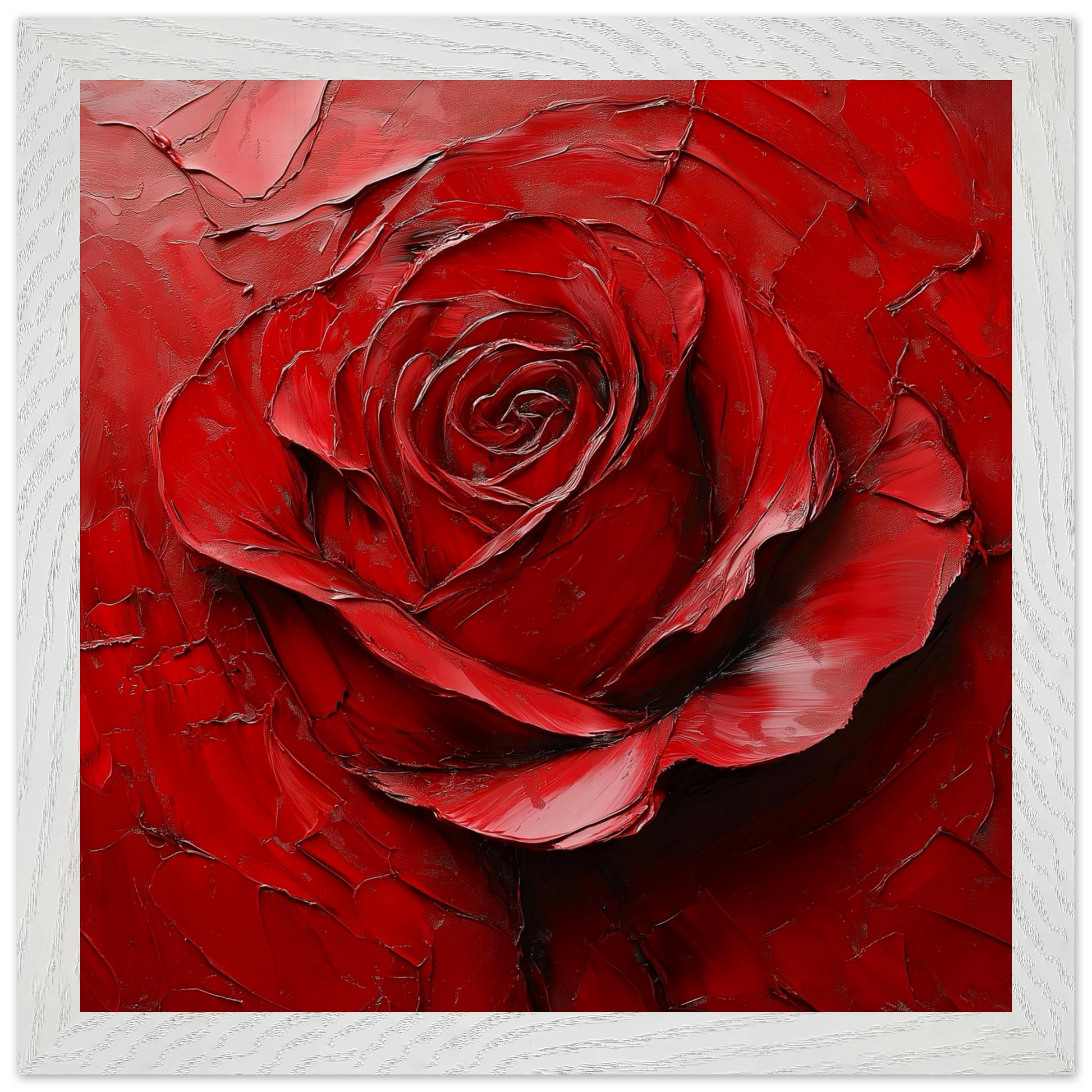 Close-up of a textured red rose with a white frame.