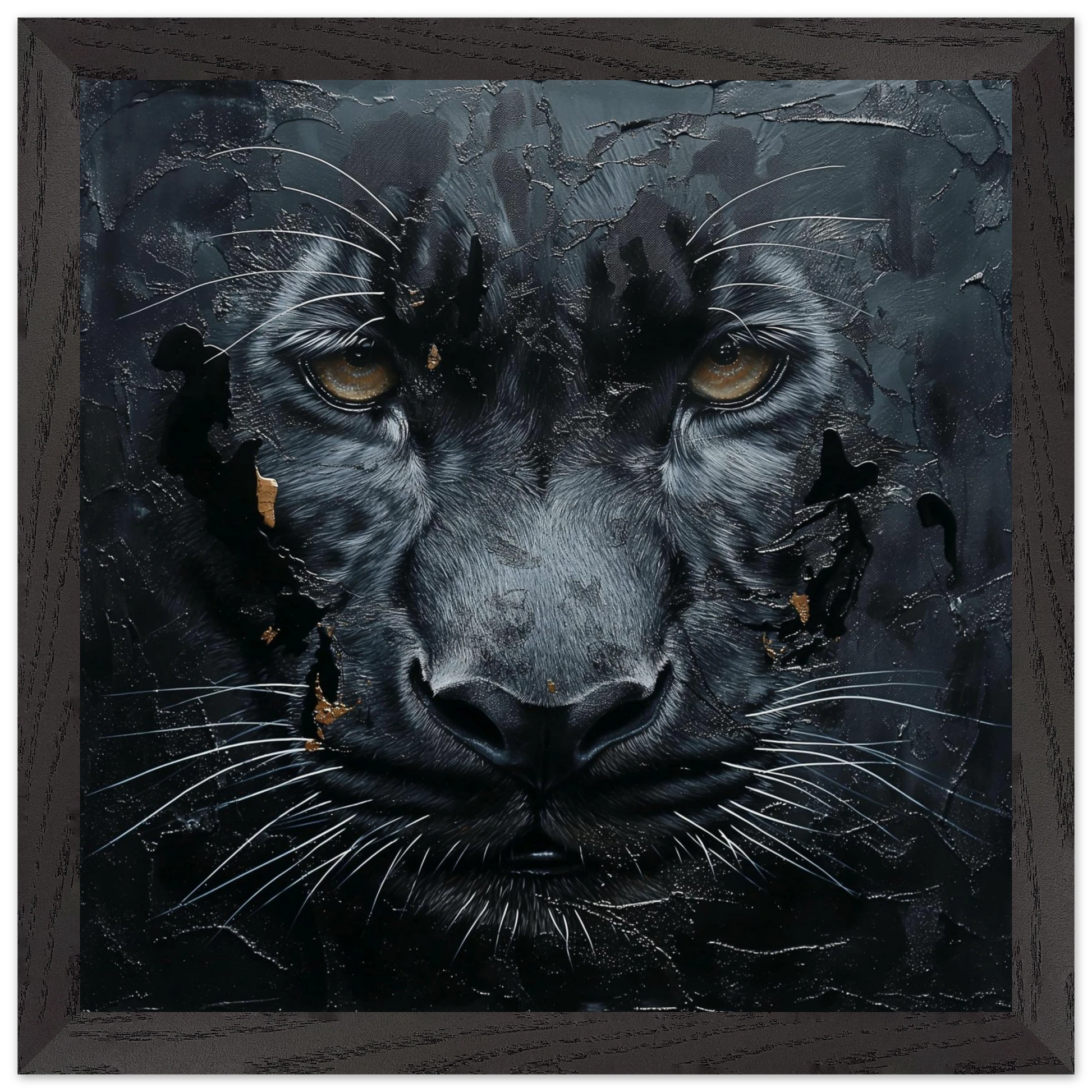 Artistic depiction of a black panther with a dark, textured background