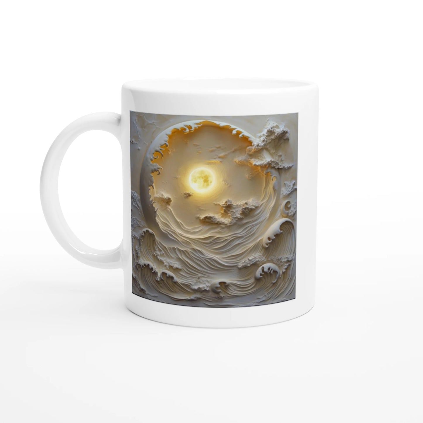 Mug with a design of clouds and a glowing center on a white background