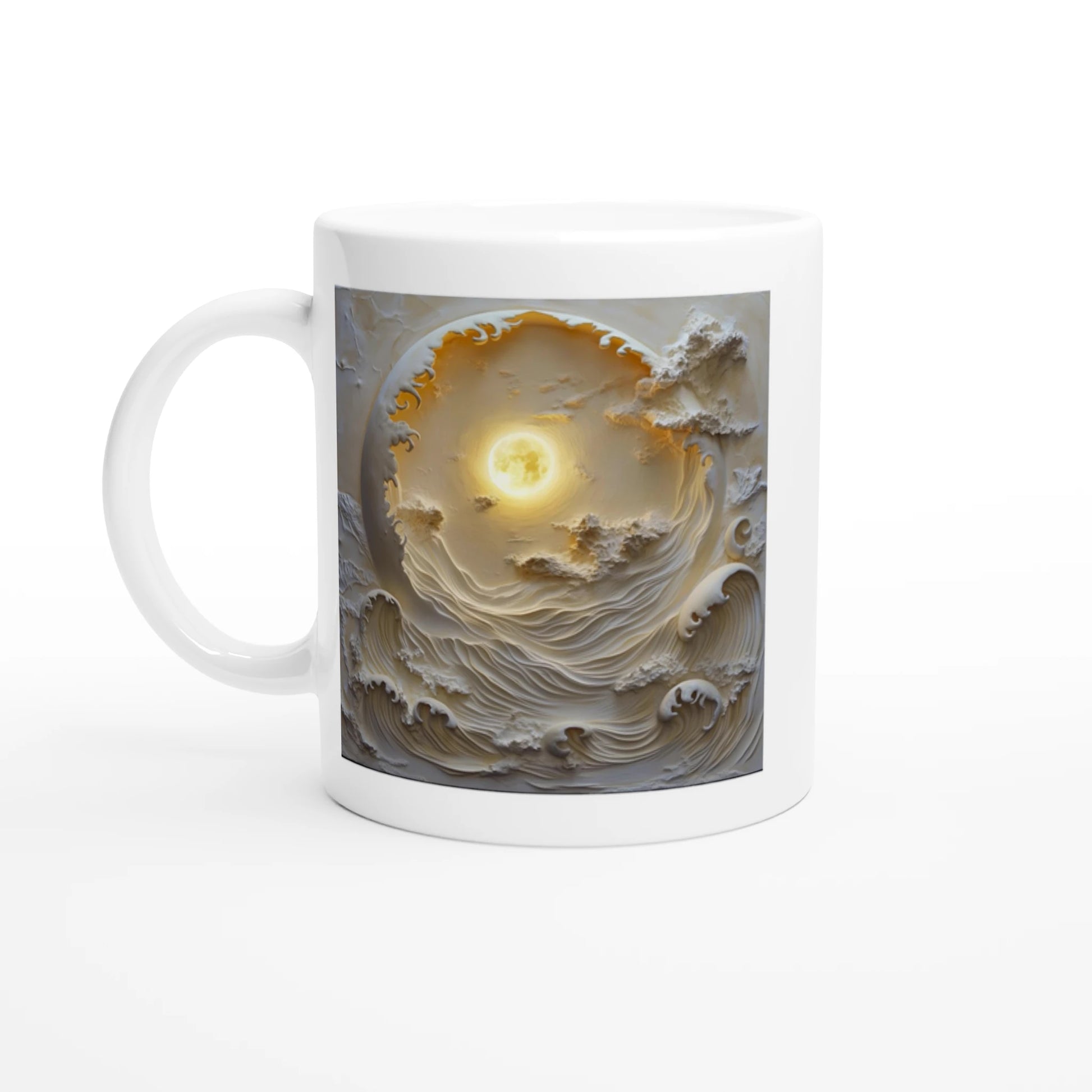 Mug with a design of clouds and a glowing center on a white background