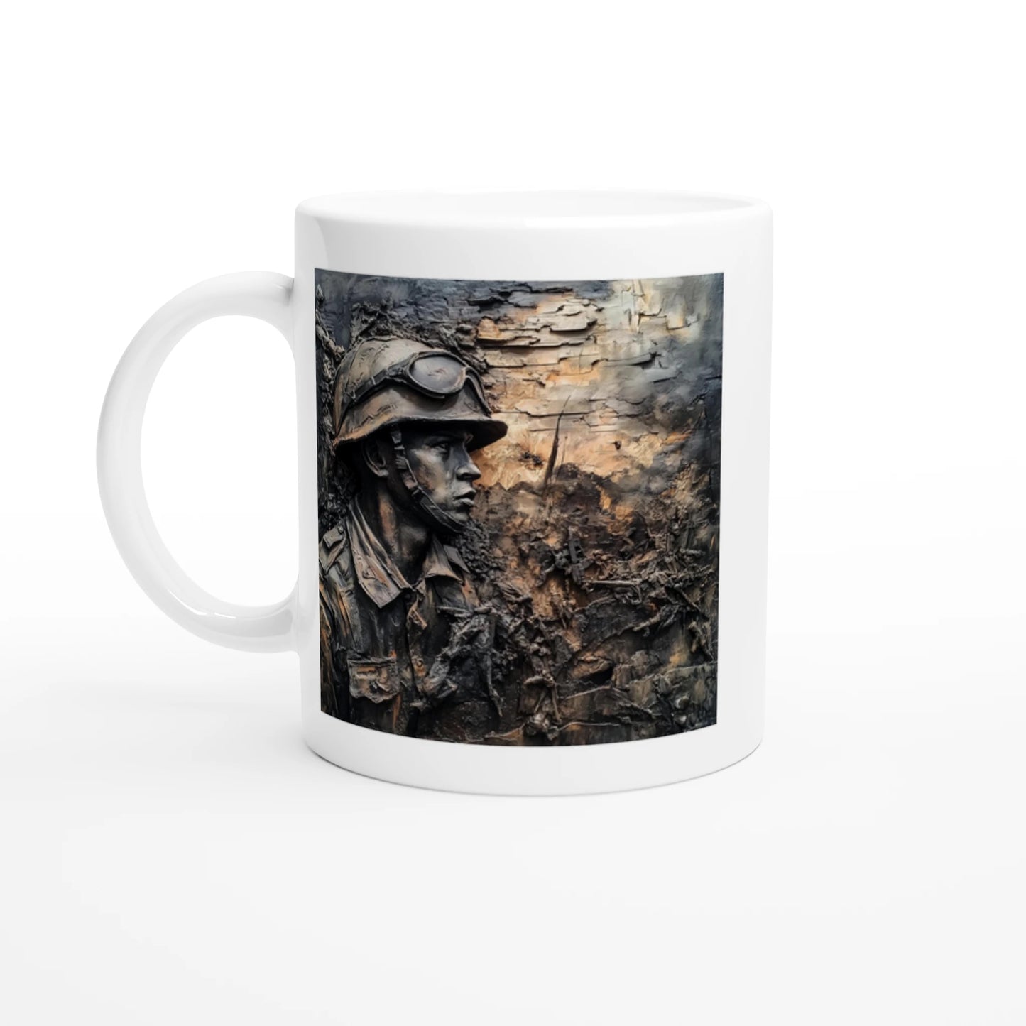 White mug with a soldier in camouflage design on a white background